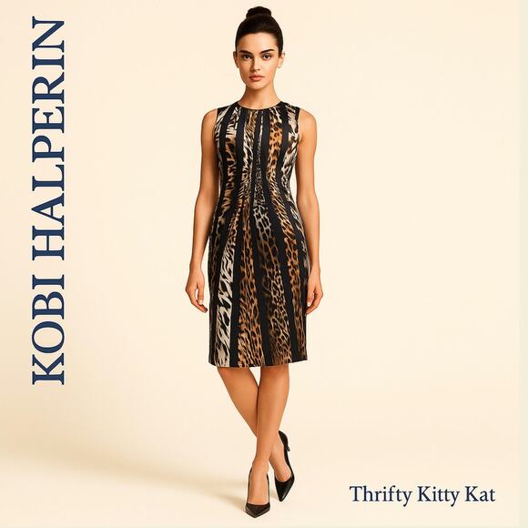 Kobi Halperin Mix Animal Print Silk Sheath Dress Gold Button Black Multi XS NWT - Picture 1 of 9